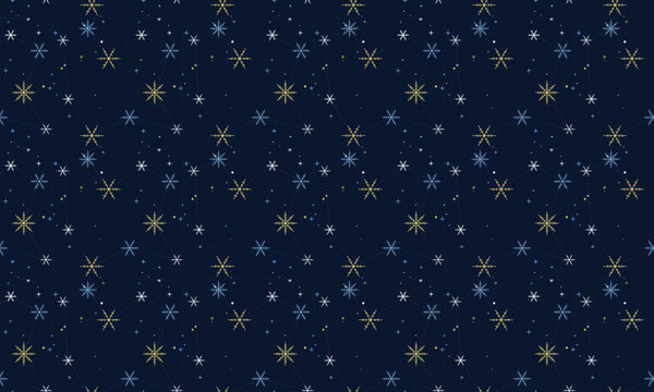 Celestial constellation pattern with golden and blue stars on a deep navy background