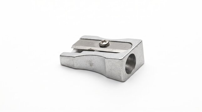 Single silver metal pencil sharpener isolated on pure white, industrial design stationary object, small handheld tool for sharpening pencils, simple grey metallic texture