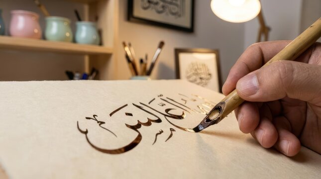 Hand writing Arabic calligraphy with reed pen