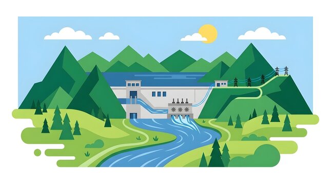 Colorful flat vector illustration of a hydroelectric power facility in a mountain valley, with a reservoir, dam, flowing river, power transmission towers, forest, and sunny sky.