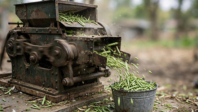 An antique threshing machine processes fresh green beans, demonstrating traditional agricultural machinery in action.