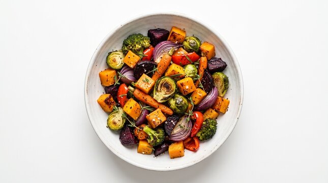 Roasted mixed vegetables in a round white bowl