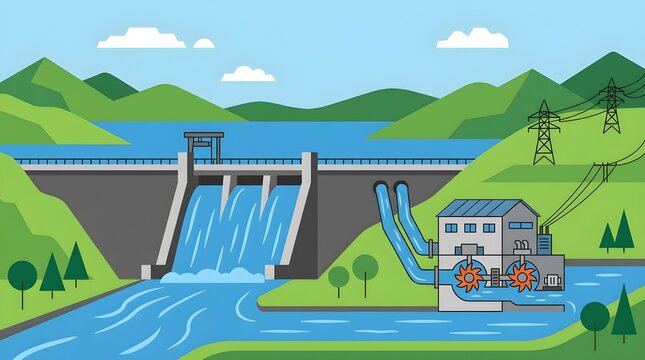 Flat vector illustration of a hydroelectric dam releasing water into a river beside a turbine power station, surrounded by green hills, trees, and electrical transmission infrastructure.