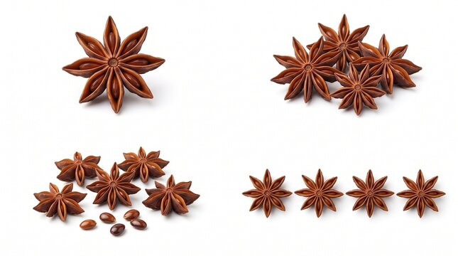 Fresh brown star anise spices arranged in various groups