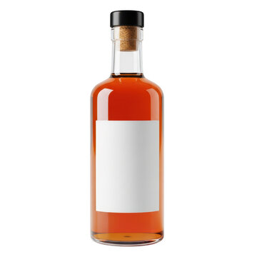Glass bottle of amber liquor with blank label isolated on white background