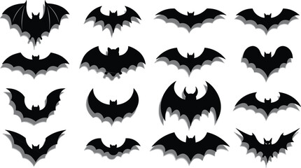 Naklejka premium Halloween black bat silhouettes collection set with various flying wings shapes isolated on white background flat vector illustration