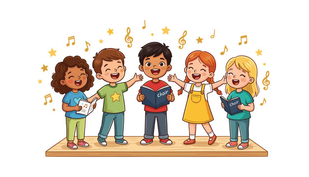 Group of happy diverse children singing together in a school choir on stage isolated on white background vector