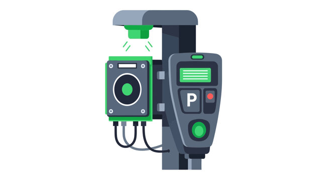 Smart Automated Parking Meter System with Camera Sensor and Digital Payment Interface, Flat Vector Illustration for Urban Infrastructure and IoT Technology Concepts