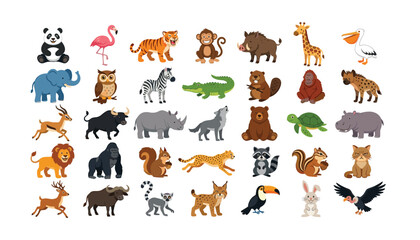 Fototapeta premium Mega wild animal vector bundle featuring cute cartoon jungle forest safari and desert creatures for educational sticker kids design