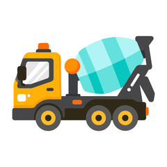 Fototapeta premium A flat icon of a concrete mixer truck, illustrated in orange, gray, black, and white with simple geometric shapes and clean details on a white background.