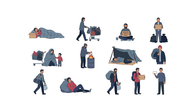 Set of homeless people in various situations begging for help and sleeping on street isolated on white background vector
