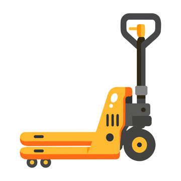 A flat icon of a pallet jack, shown in orange, gray, black, and white with clean geometric forms, simplified details, and a plain white background.