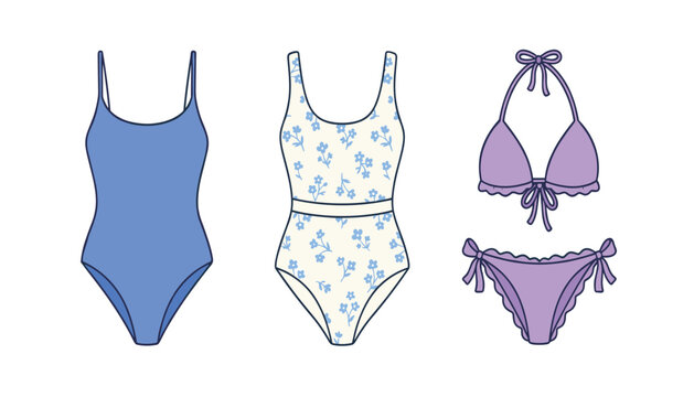 Stylish women swimwear collection featuring cute purple ruffle bikini and blue floral patterned one piece swimsuits on white background