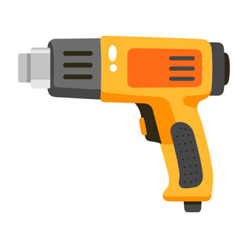 A flat icon of a heat gun, shown in orange, gray, black, and white with clean geometric forms, simplified details, and a plain white background.