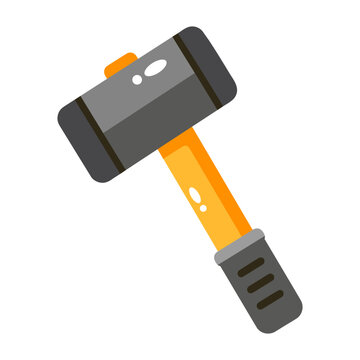 A flat icon of a sledgehammer, shown in orange, gray, black, and white with clean geometric forms, simplified details, and a plain white background.