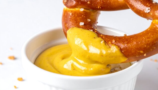 A fresh soft pretzel being dipped into a bowl of yellow mustard.