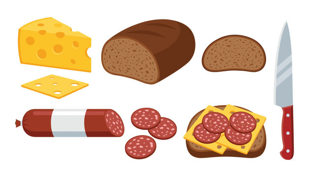 Sausage sandwich preparation vector illustration set featuring rye bread loaf cheese slices salami chunks and kitchen chef knife food elements