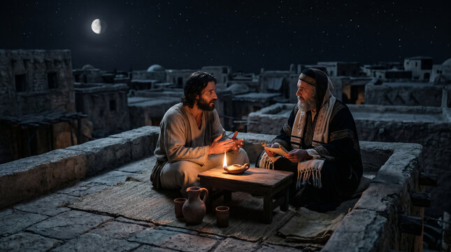 Nicodemus visiting Jesus secretly by night on a dimly lit rooftop to ask profound questions about the Kingdom of God.