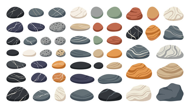 Seamless collection of realistic smooth sea stones pebbles and river rocks bundle with various organic shapes textures and colors vector illustration