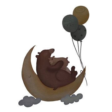 A drawing texture watercolor of a bear hugging its little cub, leaning on a yellow crescent moon, with clouds and several balloons tied to the tip of the moon, making it look like the bear is flying.
