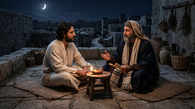 Nicodemus visiting Jesus secretly by night on a dimly lit rooftop to ask profound questions about the Kingdom of God.