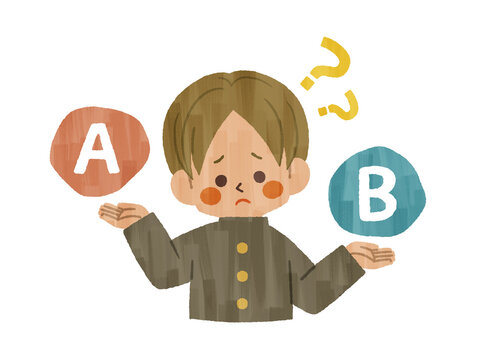 比較をしている困った表情の男子学生-ガッシュ