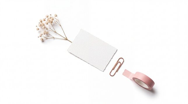 Blank paper card with dried flowers and copper paperclip