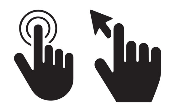 Finger tap and mouse cursor icons set in black silhouette style for user interface button actions.