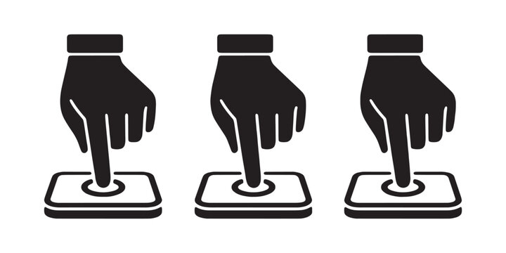 Hand pressing start button icons set in black silhouette style for modern industrial switch action.