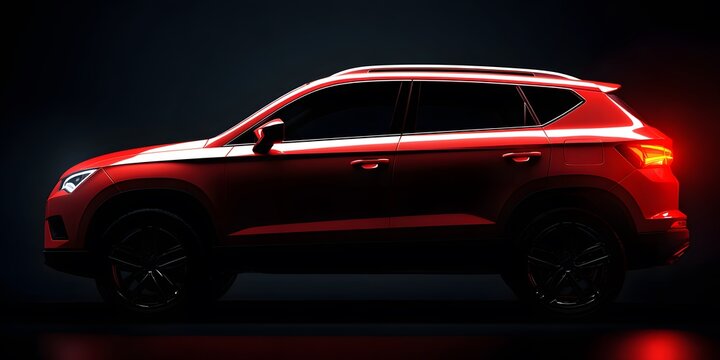 Modern red crossover car with dramatic lighting in a dark