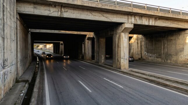 Concrete highway underpass with cars driving on a multi-lane road through shadowy tunnels and support pillars, featuring urban infrastructure.