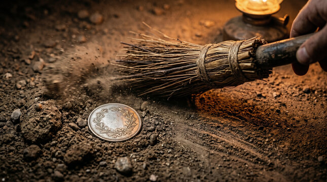 The Parable of the Lost Coin. A woman frantically sweeping the dirt floor of her dark house with a broom, holding a glowing oil lamp.