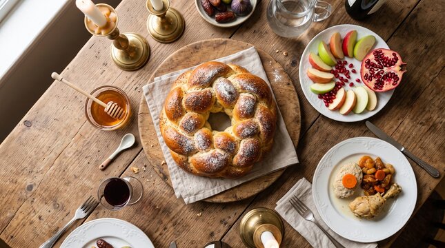 Top view of traditional Rosh Hashanah festive table setting with round braided challah bread, honey dipper, sliced apples, pomegranate seeds, gefilte fish, dates, wine glasses, and candles on rustic w