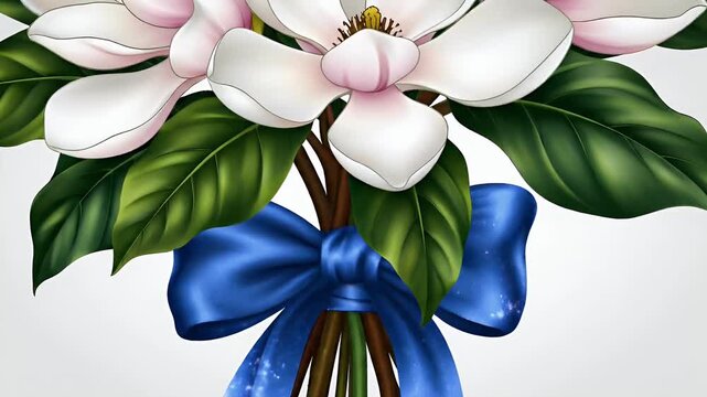 Bouquet of blooming magnolia flowers with buds tied by a blue satin ribbon, elegant floral arrangement, spring blossom