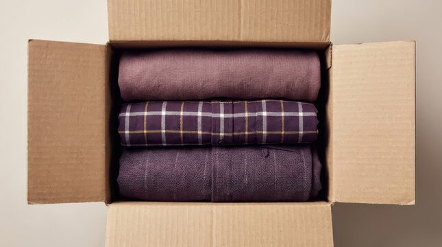 Three folded purple and plaid garments neatly packed inside a cardboard shipping box