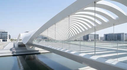 Naklejka premium Modern architectural structure with curved metal roof casting striped shadows on a sunny day