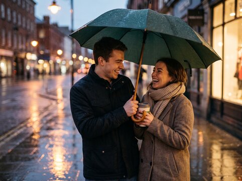 Happy young couple sharing an umbrella and laughing while walking together on a wet rainy city street at dusk