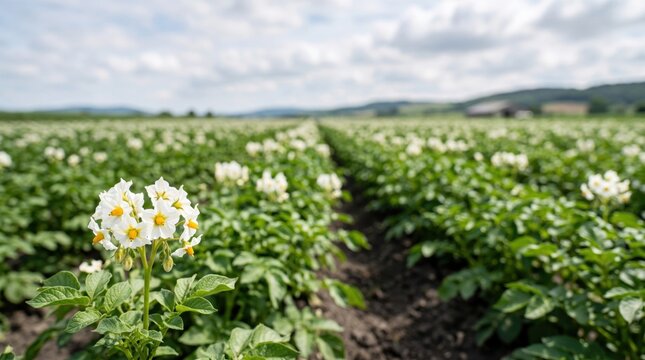 Rows of flowering potato plants growing across a fertile agricultural field