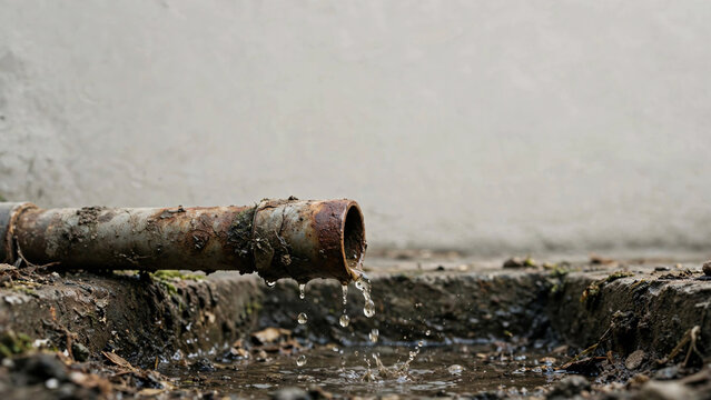 A rusted, old pipe is leaking water onto the dirty ground, suggesting disrepair and potential water damage.