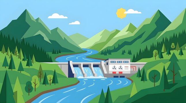 Colorful flat vector illustration of a hydroelectric power dam surrounded by mountains, forests, and a flowing river, depicting renewable energy generation from water resources.