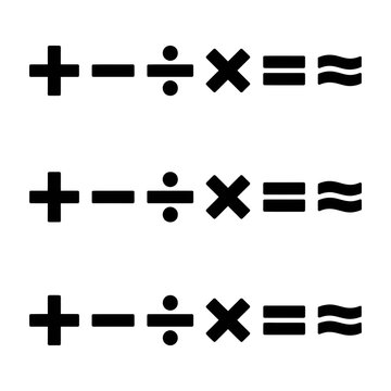 Black mathematical symbols on white background set, plus minus divide multiply equals