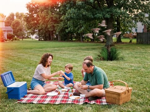 Overexposed family picnic snapshot with patch of grass growing downward into ground