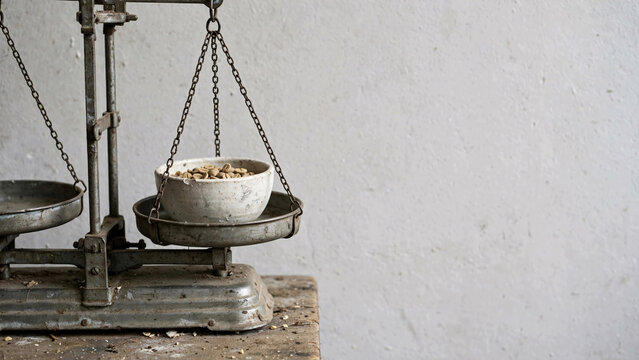 An antique balance scale rests on a rustic wooden surface, its pan holding a small bowl of grainy material against a textured wall, evoking a sense of historical measurement and culinary preparation.