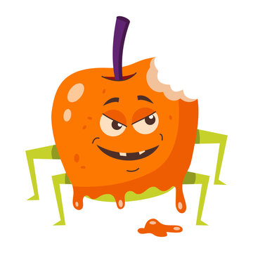 A bitten orange candy apple character stands on thin green legs with a mischievous face, playful arms, and a crooked stem for a Halloween design.