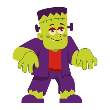 A green Frankenstein monster stands with oversized hands, neck bolts, purple pants, and a stitched square head in a classic Halloween character pose.