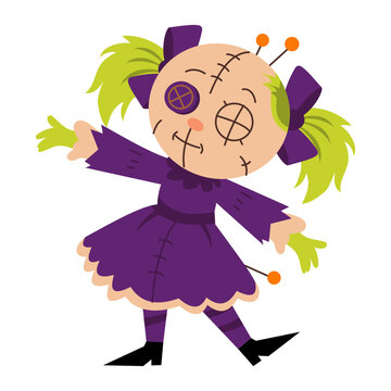 A stitched voodoo doll girl wears a purple dress and bow, with button eyes, pins, green hair, and patchwork details for a creepy Halloween character.