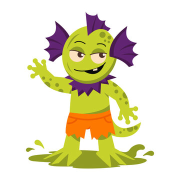 A green swamp monster with purple fins, orange shorts, and webbed feet smiles while standing in slime as a playful Halloween creature character.