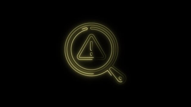 Glowing yellow neon magnifying glass with warning sign inside on black background in dynamic animated motion footage.