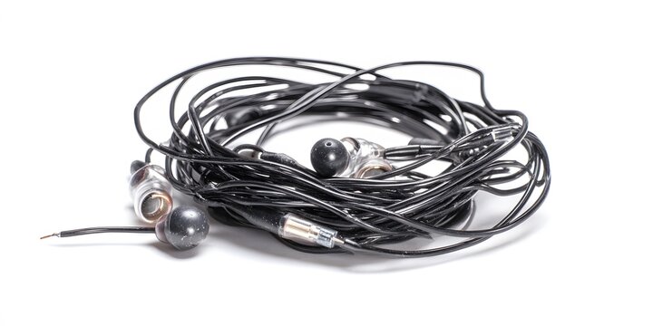 Tangled black wired earphones with transparent earbuds isolated on white background