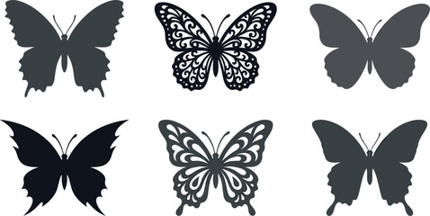 Naklejka premium Butterfly silhouette vector collection featuring laser cut stencil templates decorative filigree wings and minimal elegant insect icons